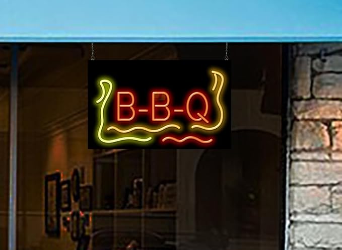 BBQ Neon Sign - Large Size - 32" wide x 20" high - Real, Quality Hand Bent Neon Sign - Red Letters with a Yellow, Orange & Red Fire Graphic