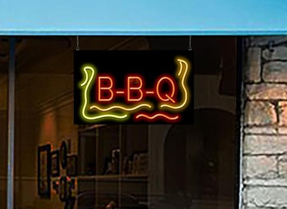 BBQ Neon Sign - Large Size - 32" wide x 20" high - Real, Quality Hand Bent Neon Sign - Red Letters with a Yellow, Orange & Red Fire Graphic
