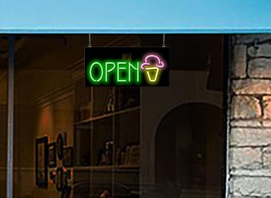 Ice Cream Open Neon Sign - Compact Size - 24" wide x 11" high - Real, Quality Hand Bent Neon Sign - Bright Green Letters with a Pink & Yellow Ice Cream Cone Design