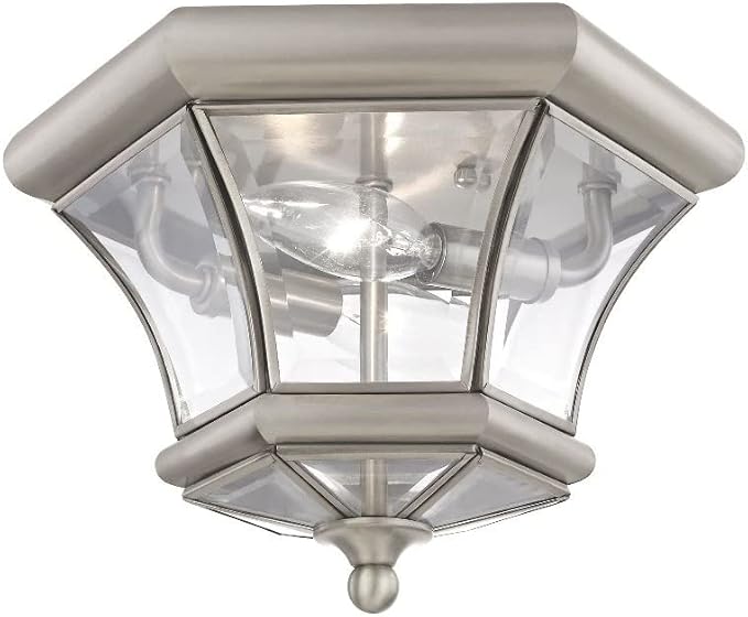 Livex Lighting 7052-02 Monterey 2 Light Outdoor/Indoor Polished Brass Finish Solid Brass Flush Mount with Clear Beveled Glass