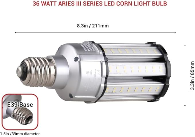 RuggedGrade Aries III Series 36W LED Corn Bulb | 4,900 Lumens | 4000K Natural White | E39 Base | Built-in 4KV Surge Protection | Dimmable | DLC 5.1 Premium