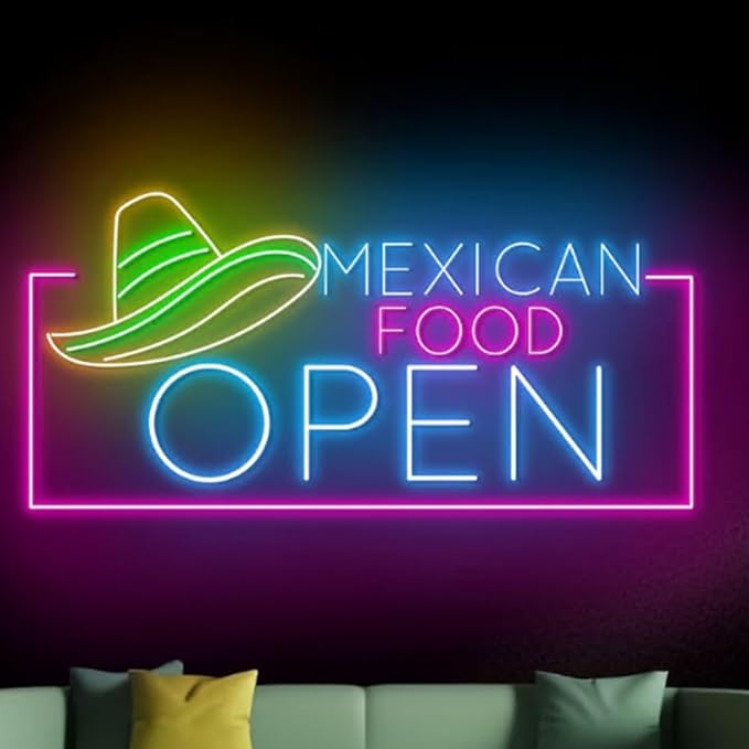 Mexican Food Open Neon Sign, 20" LED Restaurant Sign, Taco Bar Neon Light, Mexican Restaurant Decor