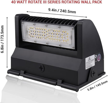 RuggedGrade 40W - Rotate IV Series LED Wall Pack with Photocell - 5,700 Lumens - Color Selectable 3000K/4000K/5000K - Outdoor LED Wall Light - Black Housing - DLC 5.1 Premium