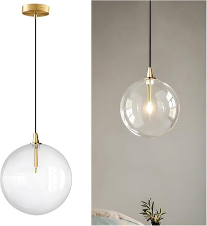 Minimalist Transparent Glass Ball Pendant Light in Gold Finish, Height Adjustable G4 LED Ceiling Haning Light for Dining Room & Living Room (15CM)