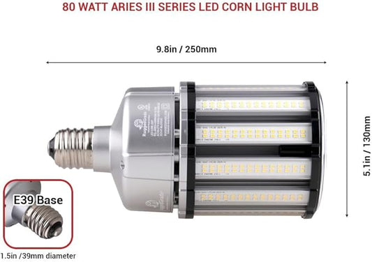 RuggedGrade Aries III 80W LED Corn Bulb | 11,000 Lumens | 5700k-6000k Cool White | E39 Mogul Base | Dimmable with Built-in 6KV Surge Protection | DLC 5.1 Premium