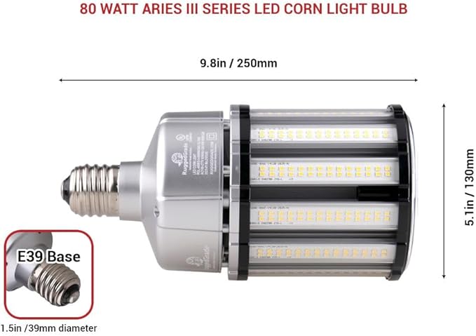 RuggedGrade Aries III Series 80W LED Corn Bulb | 11,000 Lumens | 5000K Bright White | E39 Base | Fanless Design | 6KV Surge Protection | DLC 5.1 Premium