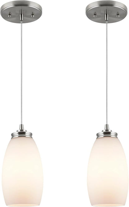 Kira Home Coast 9" Modern Oval Mini Pendant Light + White Frosted Glass Shade, Brushed Nickel Finish, 2-Pack