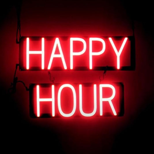 SpellBrite HAPPY HOUR Sign | Food-Related Sign with Neon Look, Red LED Light Source | 21.0" x 15.0"