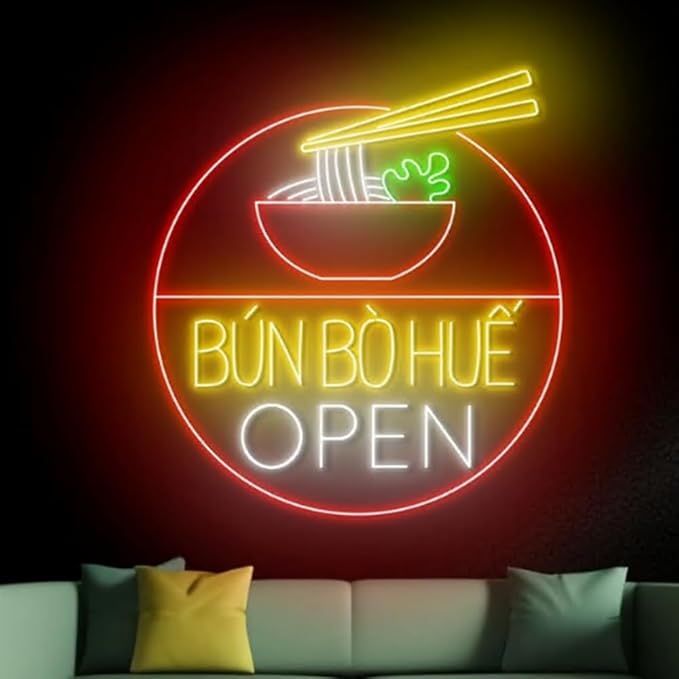 Bun Bo Hue Open Neon Sign, 23" Bun Bo Hue Led Sign, Vietnam Food Neon Led Light, Kitchen Vietnamese Restaurant Wall Decor