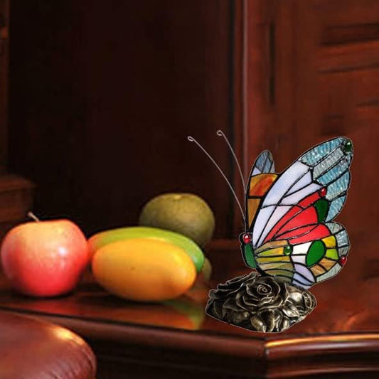 Bedside Tiffany Table Lamp LED Blue Red Butterfly Stained Glass Nightstand Table Lamps ON Off Switch Home Office Desk Lamp Night Light Girl Grandma Mothers Day Gifts W/Gift Box