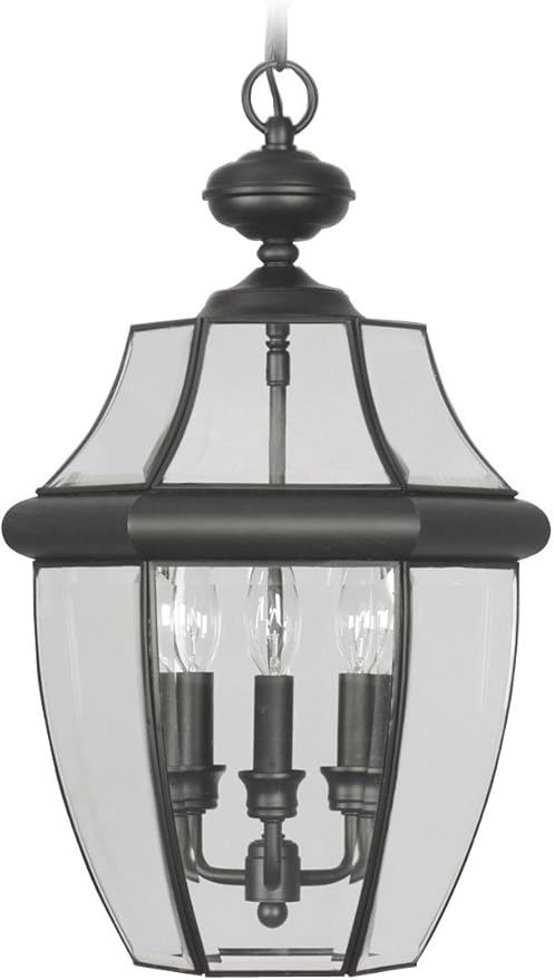 Livex Lighting 2355-04 Monterey 3 Light Outdoor Black Finish Solid Brass Hanging Lantern with Clear Beveled Glass
