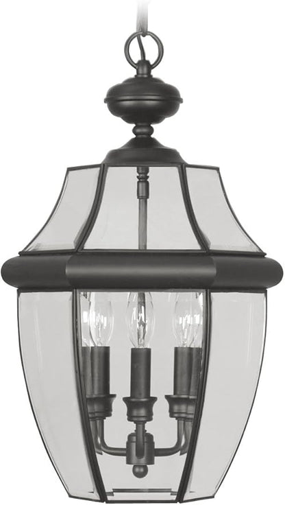 Livex Lighting 2355-04 Monterey 3 Light Outdoor Black Finish Solid Brass Hanging Lantern with Clear Beveled Glass