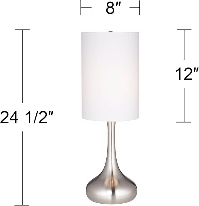 360 Lighting Modern Industrial Droplet-Shaped Table Lamps 24.5" High Set of 2 Brushed Steel Silver Metal White Cylinder Shade Decor for Living Room Bedroom House Bedside Nightstand Home