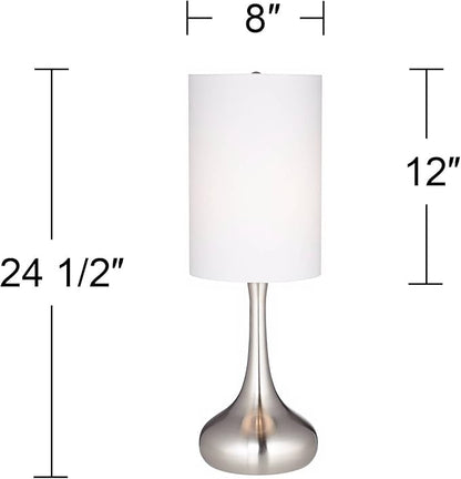 360 Lighting Modern Industrial Droplet-Shaped Table Lamps 24.5" High Set of 2 Brushed Steel Silver Metal White Cylinder Shade Decor for Living Room Bedroom House Bedside Nightstand Home