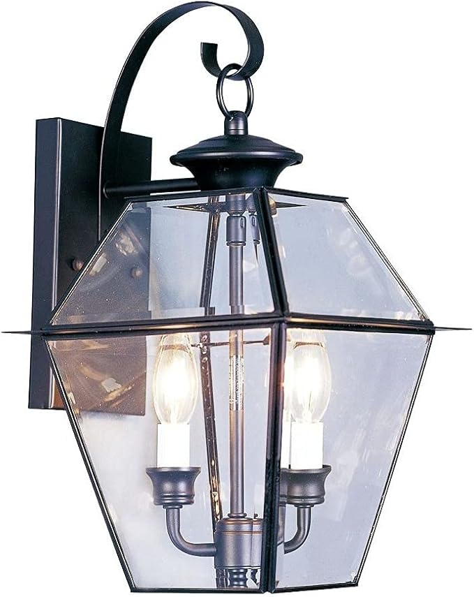 Livex Lighting 2281-04 Westover 2 Light Outdoor Black Finish Solid Brass Wall Lantern with Clear Beveled Glass