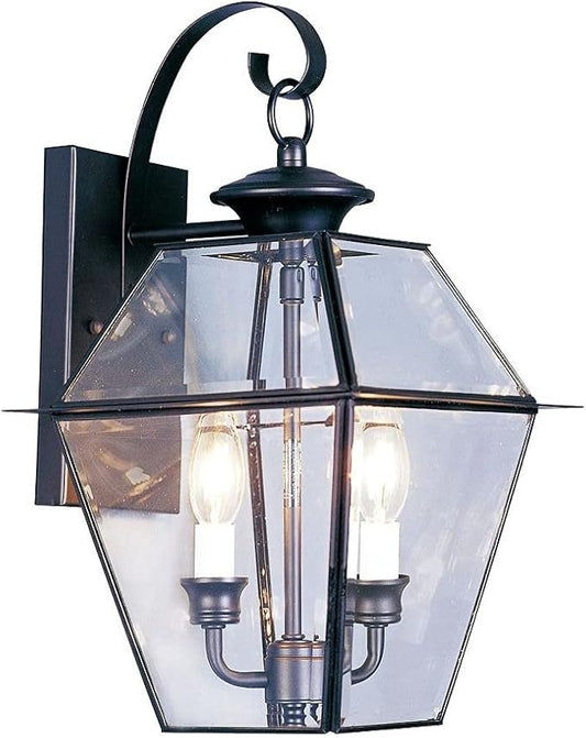 Livex Lighting 2281-04 Westover 2 Light Outdoor Black Finish Solid Brass Wall Lantern with Clear Beveled Glass