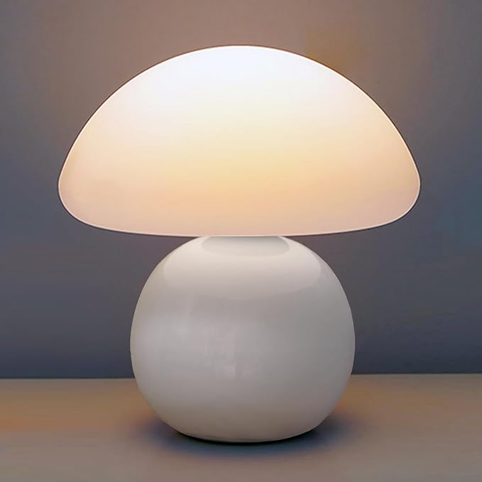 Cute Small Mushroom Lamp, PE Lampshade, Ceramic Spherical Base, Adjustable Light Color and Brightness, Safe USB Powered, Energy-Saving LED Mushroom Light for Bedroom Living Room (White)