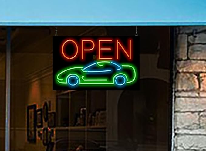 Open with Car Neon Sign - Large Size - 32" wide x 20" high - Real, Quality Hand Bent Neon Sign - Red Letters with a Green & Blue Car Design