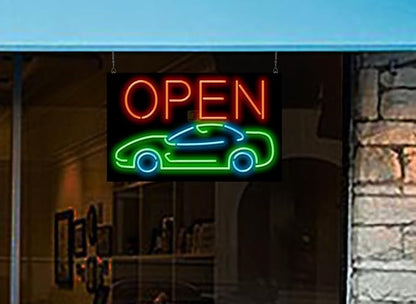 Open with Car Neon Sign - Large Size - 32" wide x 20" high - Real, Quality Hand Bent Neon Sign - Red Letters with a Green & Blue Car Design