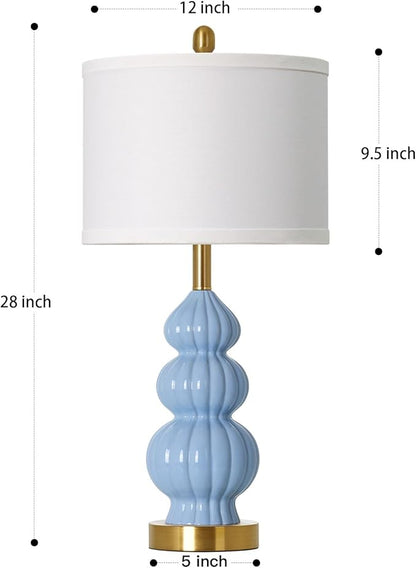 Blue Ceramic Lamps Set of 2, 26.5" Modern Table Lamps for Living Room, Classic Bedside Lamp with Triple Gourd, Elegant Bedroom Lamp for Night Stand Desk Side End Table Home Decor