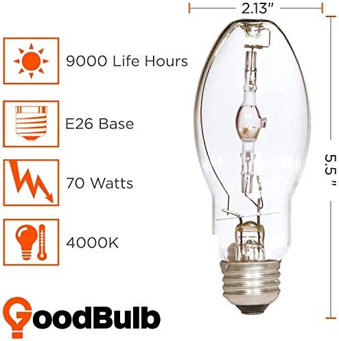 GoodBulb MP70/U/MED Metal Halide HID Light Bulb 70W E26 Base EDX17 ANSI Code M98 4000K Cool White Light Clear Finish 9000 Life Hours Car Dealership Lighting Pack of 2 Bulbs