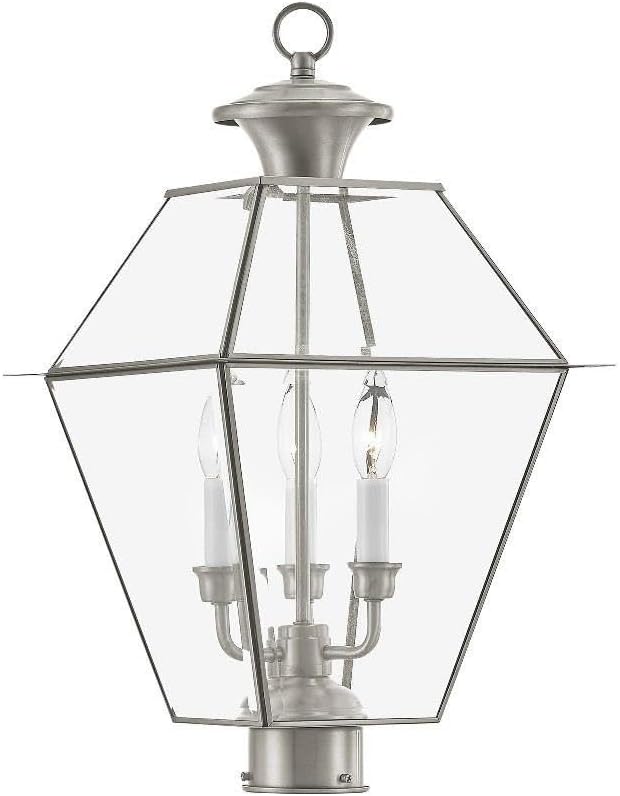 Livex Lighting Lantern 2384-91 Transitional Three Light Post-Top Lanterm from Westover Collection in Pwt, Nckl, B/S, Slvr. Finish, 12.00 inches, 21.5x12.00x12.00, Brushed Nickel