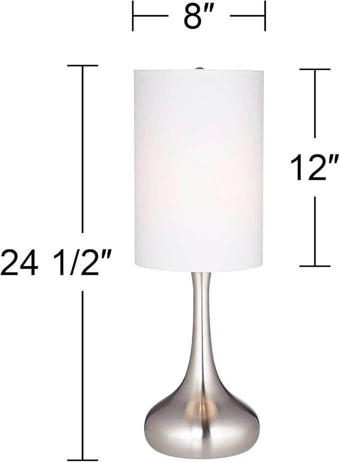 360 Lighting Modern Industrial Droplet-Shaped Table Lamp 24.5" High Brushed Nickel Silver Metal White Fabric Cylinder Shade Decor for Living Room Bedroom House Bedside Nightstand Home