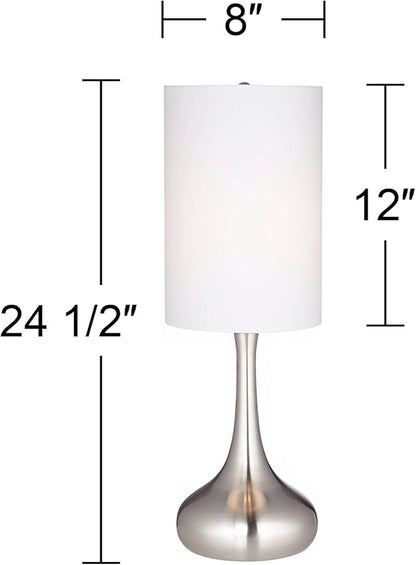 360 Lighting Modern Industrial Droplet-Shaped Table Lamp 24.5" High Brushed Nickel Silver Metal White Fabric Cylinder Shade Decor for Living Room Bedroom House Bedside Nightstand Home