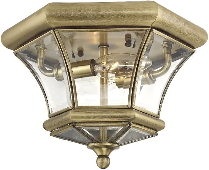 Livex Lighting 7052-02 Monterey 2 Light Outdoor/Indoor Polished Brass Finish Solid Brass Flush Mount with Clear Beveled Glass