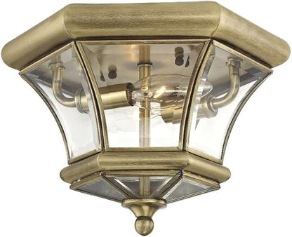 Livex Lighting 7052-02 Monterey 2 Light Outdoor/Indoor Polished Brass Finish Solid Brass Flush Mount with Clear Beveled Glass