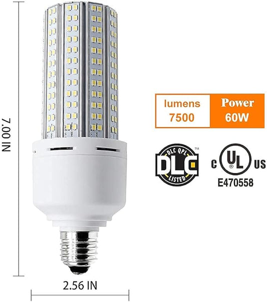 2 Pack LED Corn Light 600W Equivalent LED Corn Bulb 7500 Lumen 60W Large Area Cool Daylight White E26/E27 Medium Base for Garage Backyard Bedroom Warehouse Factory Workshop Street