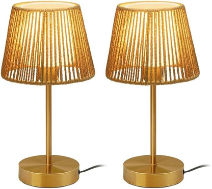 ONEWISH Touch Bedside Table Lamps Set of 2, 14.2" Boho Lamp 3 Way Dimmable, Rope lamp for Bedroom Nightstand Farmhouse, LED Bulb Included(Gold)