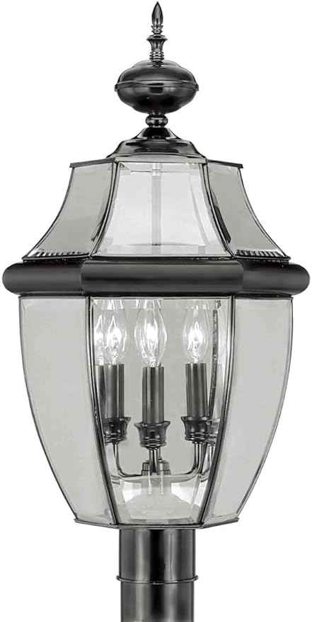 Livex Lighting 2354-04 Monterey 3 Light Outdoor Black Finish Solid Brass Post Head with Clear Beveled Glass