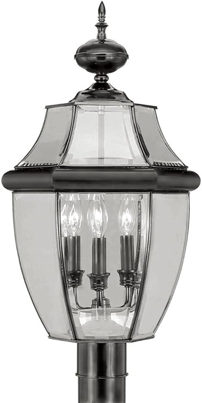 Livex Lighting 2354-04 Monterey 3 Light Outdoor Black Finish Solid Brass Post Head with Clear Beveled Glass
