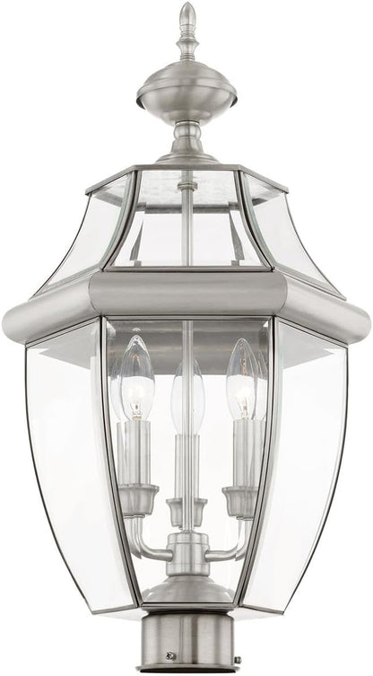 Livex Lighting 2354-91 Monterey 3 Light Outdoor Brushed Nickel Finish Solid Brass Post Head with Clear Beveled Glass