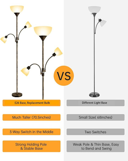 Floor Lamp, Standing Lamp, 71" Tall Lamps for Living Room, 3 Way Switch, Plastic Lampshade, Torchiere Tree Lamp with Reading Light, Modern Pole Lamps for Bedroom E26 Base(No Bulb, Rustic Bronze)