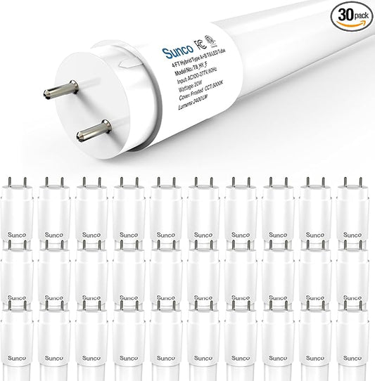 Sunco 30 Pack T8 LED Bulbs 4 Foot, 48 Inch Tube Light Bulbs Fluorescent Replacement, Single or Double Ended Hybrid Type A+B, 2400 LM, 20W, 5000K Daylight, Frosted Lens ETL