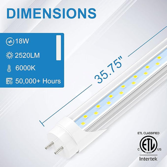 JESLED T8 LED Type Tube Light 3FT, 2520LM, 18W(45W Equivalent), 6000K, Ballast Bypass, 36 Inch F30T12 Fluorescent Bulb Replacement, Dual Ended, 36” Lighting Tube Fixture (12-Pack)