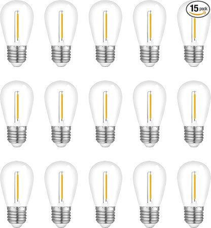 15-Pack String Light Bulbs, S14 LED Outdoor Waterproof Replacement Bulb, E26 Base Bulbs, 1W 120V, 2700K Warm White