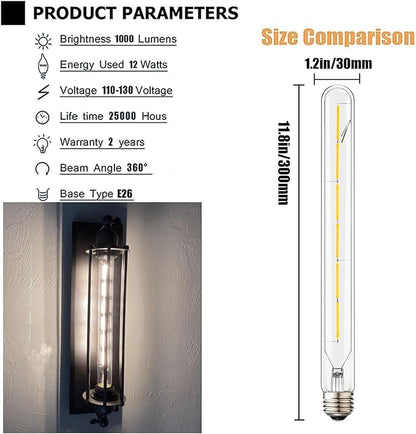 Leools T300 Dimmable Led Tubular Bulb 6W,Long Tube Edison Led Vintage Filament Bulb,60W Equivalent,4000K Daylight,Clear Glass,Cover E26 Medium Base,11.8inch,4pcs