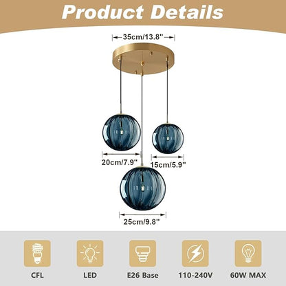 KCO Lighting Mid Century Modern 3-Lights Globe Pendant Light Fixture Brass Gold Cluster Pendant Light Kitchen Island Multi Light Pendant Lighting Ceiling Hanging Blue Glass Hanging Light