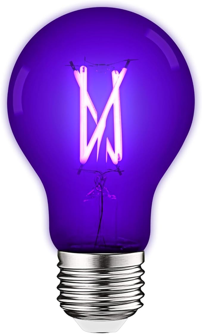 LUXRITE A19 Edison UV LED Black Light Bulb, 6W Filament Blacklight Bulb, UVA 397-407nm, Enclosed Fixture Rated, E26 Base, Glow in The Dark for Halloween, Party, Body Paint, Fluorescent Poster