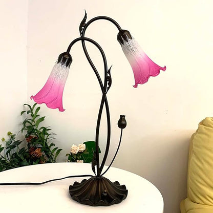 Bieye L10847 Lily Flower Blown Glass Accent Table Lamp for Living Room Bedroom Decoration (2-Light, Pink)