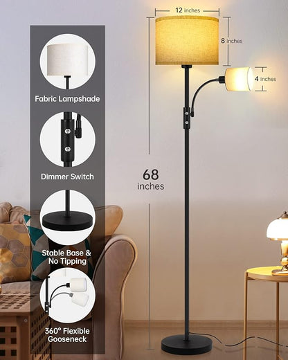 Floor Lamps for Living Room, Modern Floor Lamp with Reading Lamp, 62" Tall Standing Lamp, Beige Lampshades, Simple Pole Lamps for Bedroom/Office/Kids Room/Den(Bulbs Not Including, E26/E12 Base)