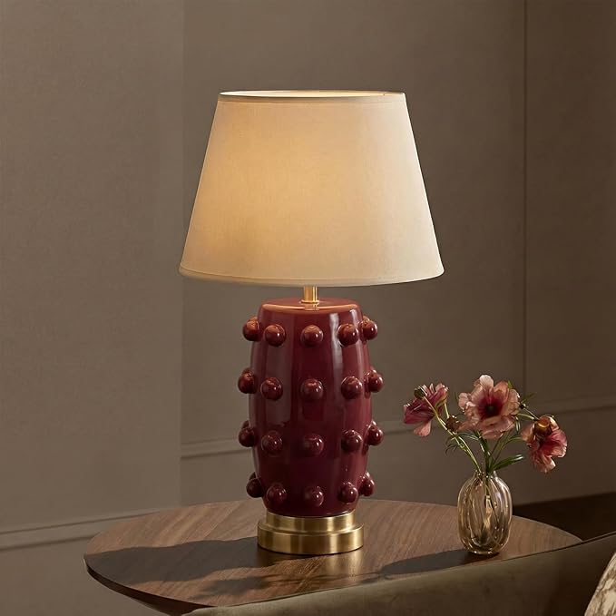 Modern Ceramic Linden Table Lamp - 30" White Ball Farmhouse Design, Classic Nightstand Large Linden Lamp Tapered Drum Shade for Living Room, Bedroom, Office, and Home （Wine Red）
