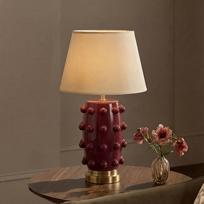 Modern Ceramic Linden Table Lamp - 30" White Ball Farmhouse Design, Classic Nightstand Large Linden Lamp Tapered Drum Shade for Living Room, Bedroom, Office, and Home （Wine Red）