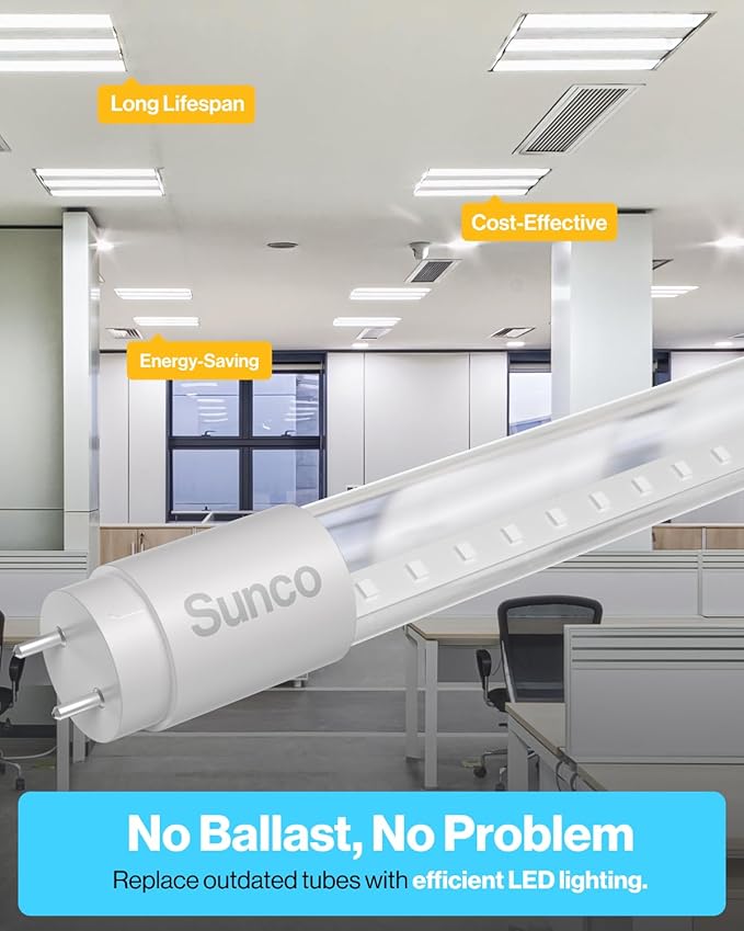 Sunco 100 Pack T8 LED Bulbs 4 Foot, Tube Light Bulbs Ballast Bypass, 48 Inch Fluorescent Replacement, 2200 LM, 18W, 6000K Daylight Deluxe, Single Ended Power, Type B, Clear Lens UL.