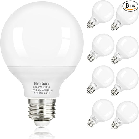 G25 LED Globe Light Bulbs, Round Vanity Light Bulbs for Bathroom, 40W Equivalent, Daylight White 5000K, E26 Base, 600LM, Non-Dimmable, 8-Pack