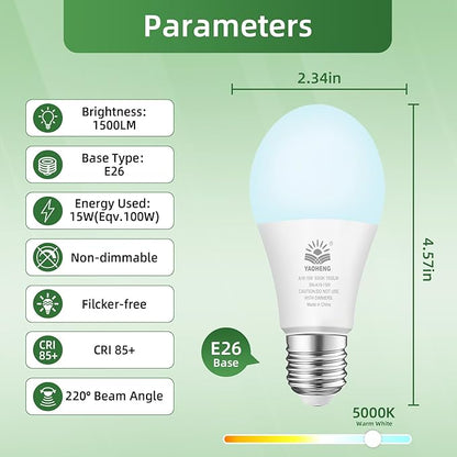 A19 LED Light Bulb, 100 Watt Equivalent LED Bulbs, 5000K Daylight White, 1500 Lumens, Standard E26 Base, Non-Dimmable 15W Super Bright Light Bulbs for Home, Office Lamp, ETL Listed(20-Pack)