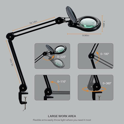 Bifocals LED Magnifying Lamp with Clamp, 5 Diopter with 20 Diopter, 5 Inch Magnifier Glass Lens, 1200 Lumens Dimmable Magnifier Lamp for Desk Craft Hobby with 60PCS Bright LEDs (Black)